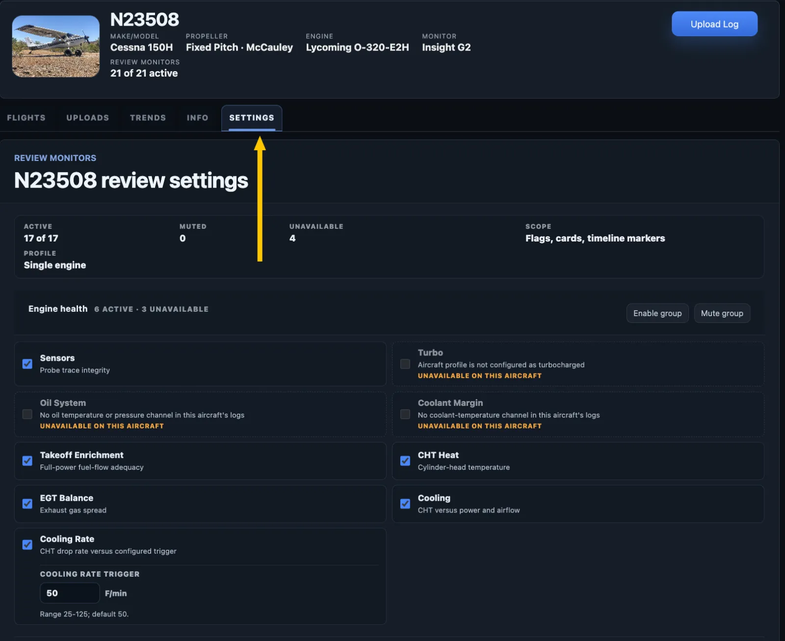 AlaryIQ aircraft workspace with an arrow pointing to the Settings tab and the review monitor settings displayed